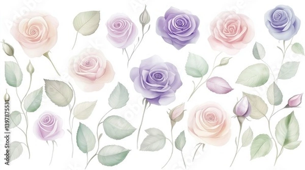 Fototapeta A watercolor illustration of translucent roses and leaves in delicate tones of pink, violet, and soft green, arranged in a gentle, flowing pattern.
