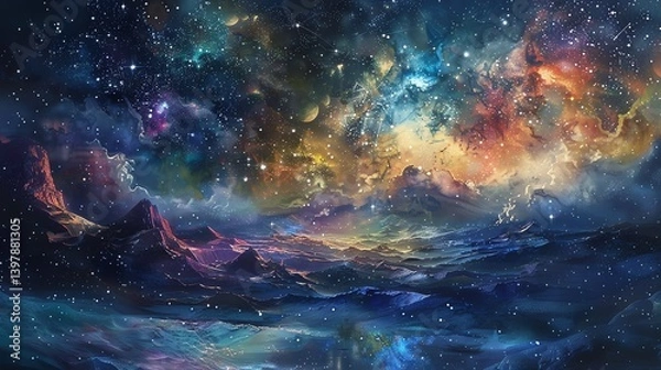 Fototapeta The image is a beautiful depiction of a starry night sky. The colors are vibrant and saturated, and the stars are bright and numerous.