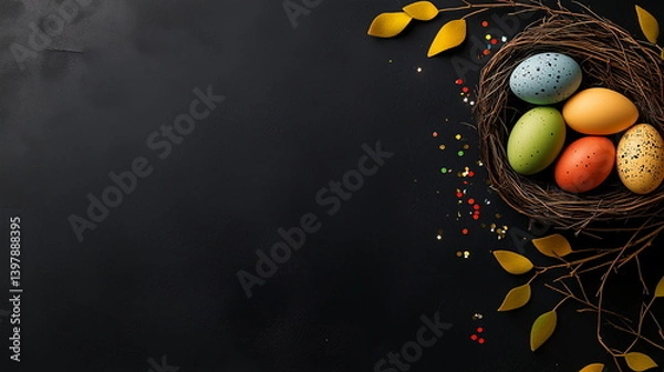 Fototapeta Easter background with colorful eggs in a bird's nest on a black table, top view, flat lay, concept design for a banner template. Copy space text, horizontal. 