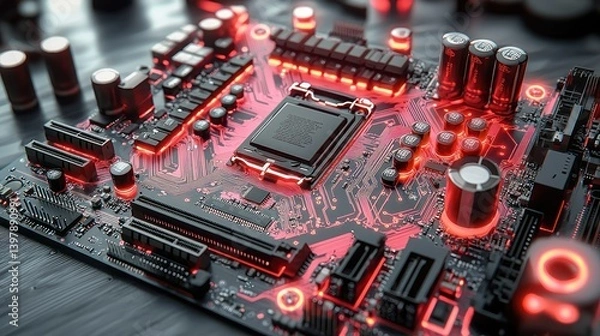 Obraz Close-up view of a technologically advanced computer motherboard with illuminated components