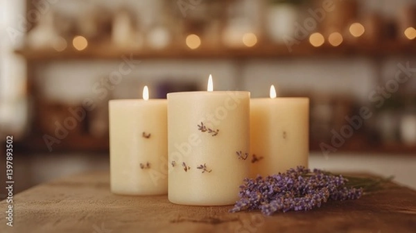 Obraz Softly glowing candles surrounded by lavender create serene atmo