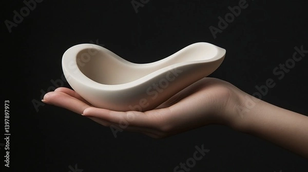 Fototapeta Hand holds smooth, white ceramic bowl against a dark backdrop