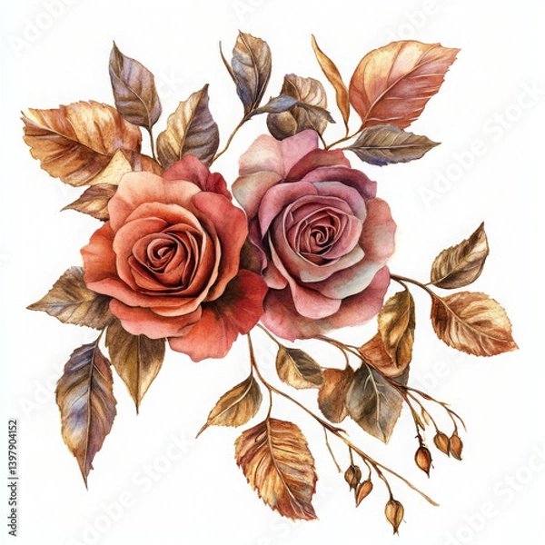 Fototapeta Beautiful roses with leaves in warm tones create stunning floral arrangement