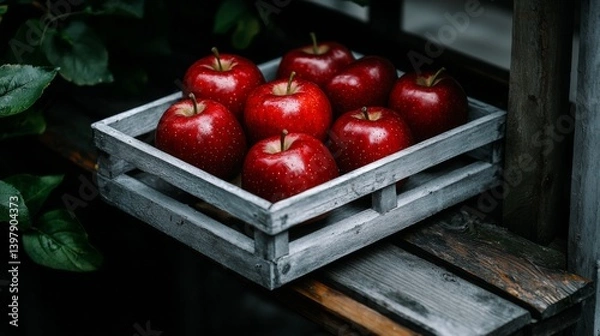 Obraz Fresh red apples arranged in a rustic wooden crate on a wooden surface