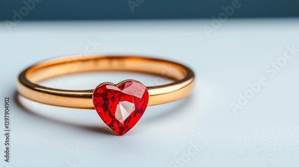 Obraz Elegant gold ring with a heart-shaped red gemstone on a soft background