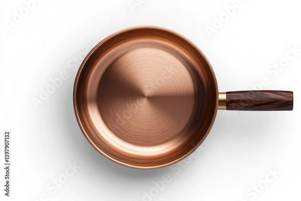 Fototapeta Overhead view of a copper saucepan with a wooden handle isolated on white background