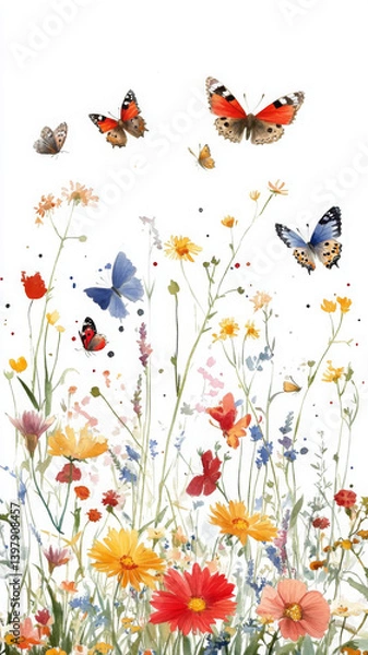 Fototapeta Colorful butterflies flutter above vibrant flower garden, creating joyful and serene atmosphere