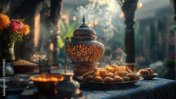 Fototapeta Ornate incense burner steaming over food offering on ornate table in courtyard