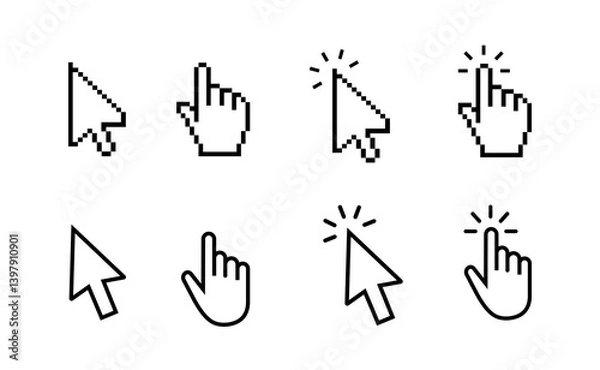Fototapeta Computer mouse cursor icon set with arrows, hand pointers, click effects, and loading symbols. Perfect for UI, web design, and digital apps. Vector illustration.