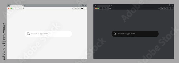 Fototapeta browser window Website mockup template with frames for PC, laptop, tablet, and mobile. Includes light, dark, and night modes. Vector illustration for UI and web design presentations.