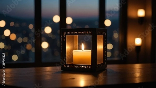 Fototapeta Candle illuminating a cozy room with bokeh lights through a window, creating a serene atmosphere