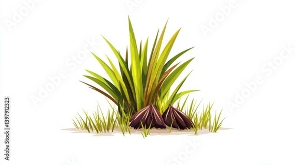 Obraz Vibrant green grass and plants with brown soil elements in a minimalist design
