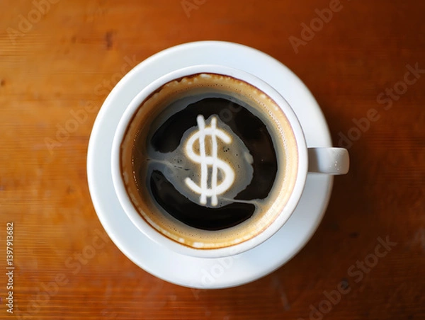 Fototapeta Cup of black coffee, product photography style, top view, barista drawing of a dollar sign representing the increase in the value of coffee. Product photo, coffee shop, economy, inflation. Caffeine. 