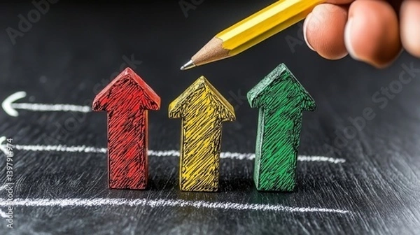 Fototapeta Colorful arrows representing growth and progress with a pencil