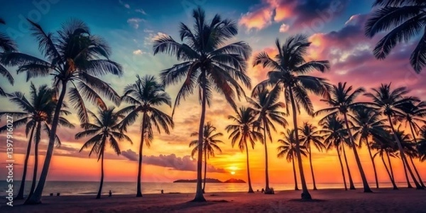 Fototapeta Palm trees silhouette against a vibrant sunset sky on a tropical beach paradise view