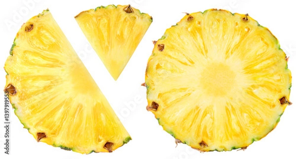 Fototapeta Pineapple isolated png. Pineapple slice on transparent background. Cut pineapple no background top view. Round pineapple slice and piece transparent png. Full depth of field.