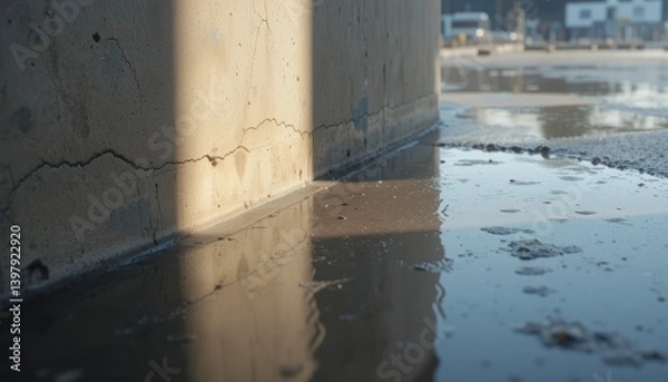 Fototapeta Water accumulation on urban concrete surface construction site photography industrial environment close-up view reflective surface analysis for urban infrastructure