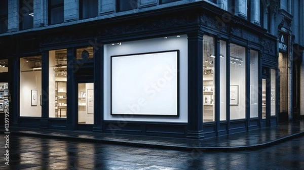 Obraz An Illuminated Corner Shop Exterior On A Wet Reflective Street