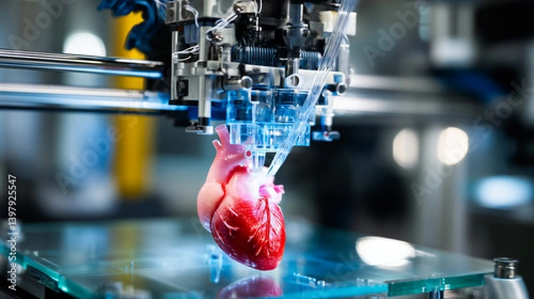 Fototapeta 3D printer nozzle meticulously crafting a realistic human heart model layer by layer