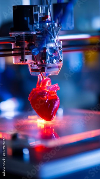 Fototapeta 3D printer nozzle meticulously crafting a realistic human heart model layer by layer