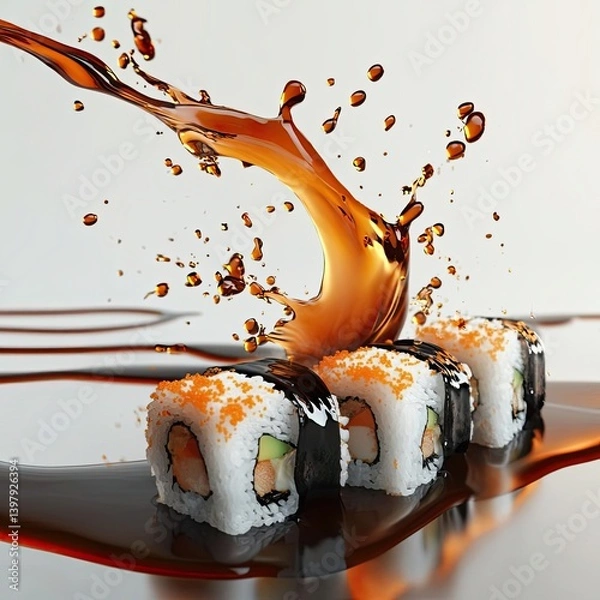 Fototapeta Dynamic 3D splash of soy sauce pouring onto sushi, ultradetailed motion and reflections