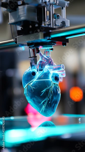 Fototapeta 3D printer nozzle meticulously crafting a realistic human heart model layer by layer