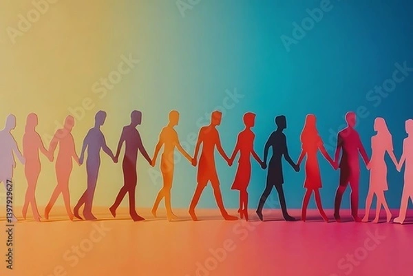 Fototapeta Diverse People Walking Together Hand in Hand Unity Background