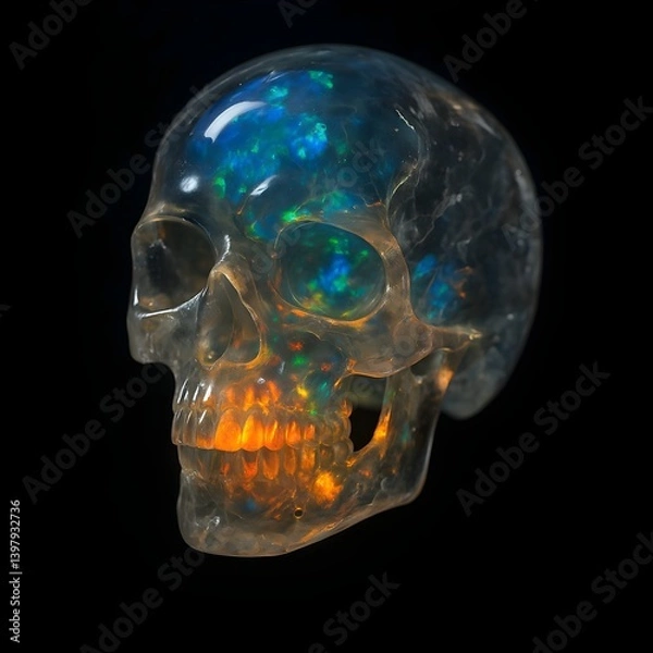 Fototapeta Realistic human skull sculpture made of shimmering opal-like material, glowing with iridescent colors against a dark background, evoking mystery and elegance.