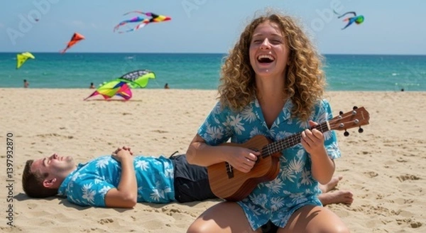 Obraz Curly Haired Caucasian Woman Playing Ukulele and Laughing on the Beach with Colorful Kites Flying in the Background