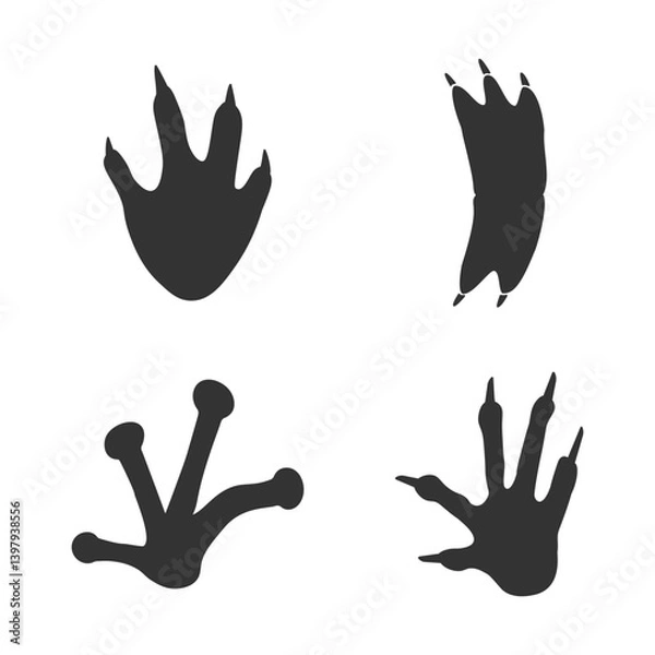 Fototapeta Reptiles footprints silhouettes set isolated on white background, such as idea of logo in gray.  Crocodile, Iguana, Chameleon, Frog foot print. Stock vector. EPS10.