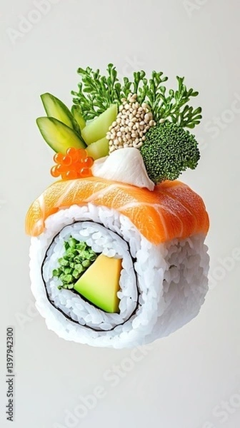 Fototapeta Hyperrealistic 3D rendering of a floating sushi roll, each ingredient suspended midair in detailed precision