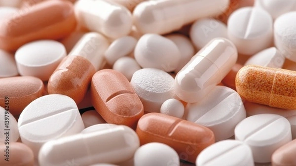Obraz A detailed close-up of a variety of multicolored pills and capsules, showcasing the textures and forms of medicinal products that symbolize health and wellness.