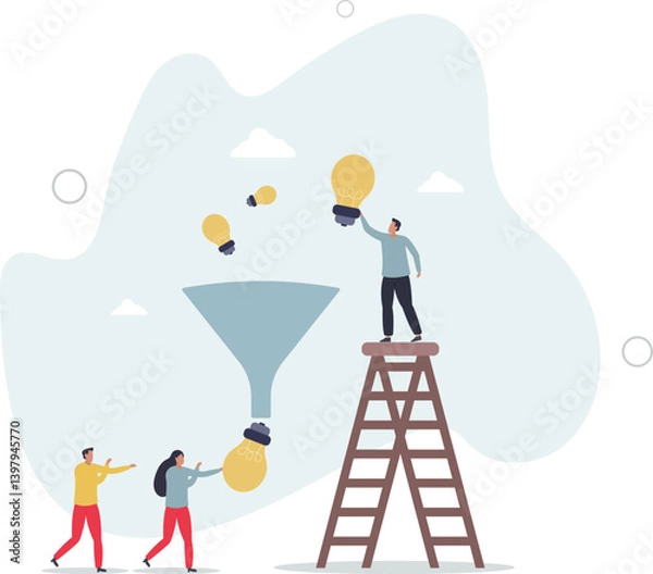 Obraz Idea funnel, brainstorm to get solution or final idea, creativity, innovation or imagination to create inspiring solution concept.flat character life .