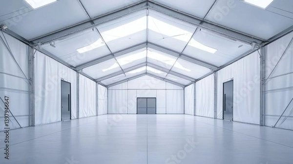 Fototapeta Bright empty industrial space with white walls, flooring, metal framework.