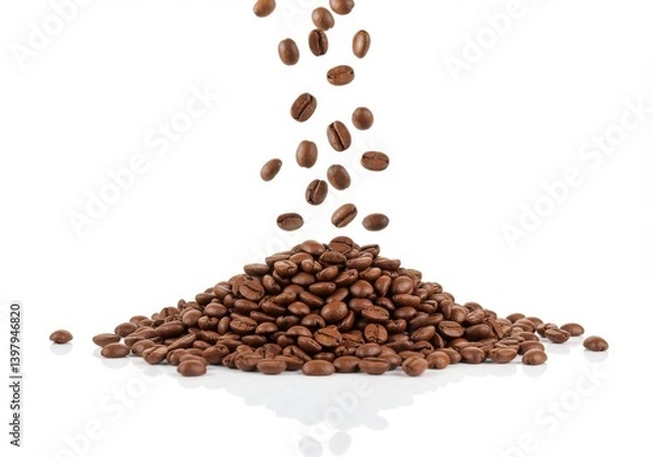 Obraz Coffee beans falling onto a pile against a white background in a studio shot creating a nice scene