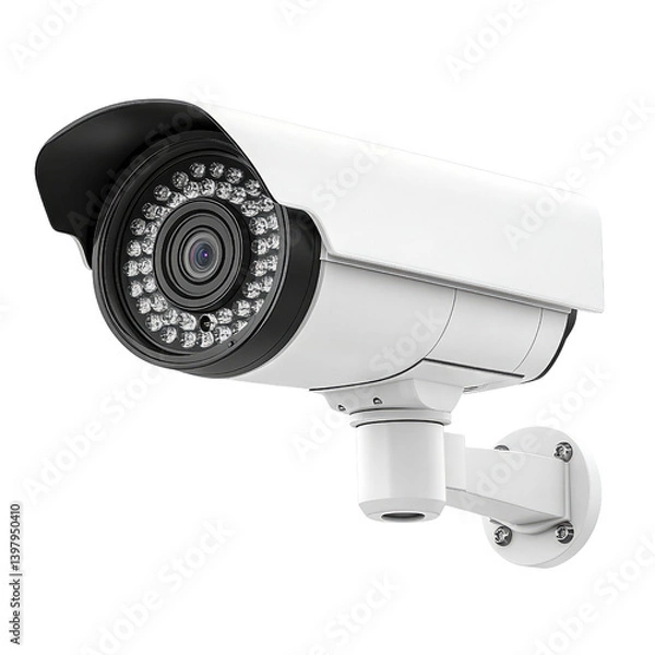 Fototapeta A vigilant security camera stands guard, its lens a watchful eye, ensuring safety and peace of mind against a stark white background.