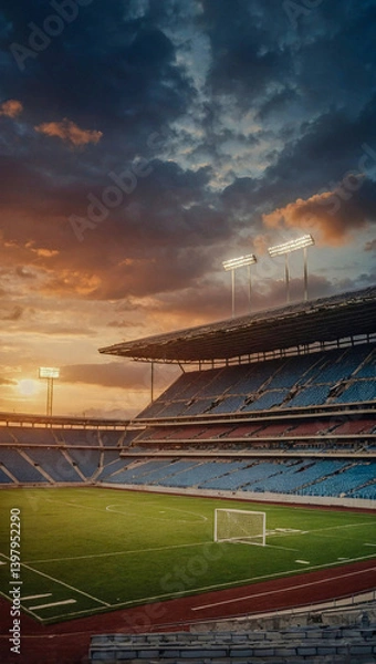 Fototapeta Empty football stadium at sunset with a cloudy sky.