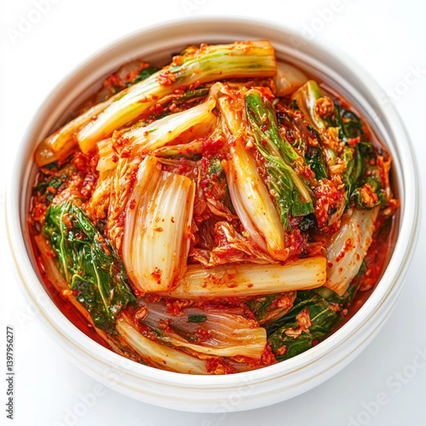 Obraz Kimchi cabbage in a white bowl, white background. Korean food, probiotics food.