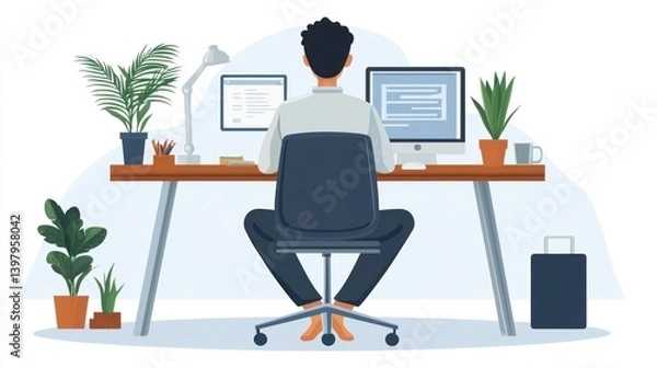 Fototapeta Focused Professional Working from Home with Plants and Technology
