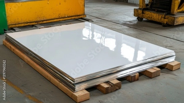 Fototapeta Stacked sheets of glossy white material on wooden pallets in a warehouse