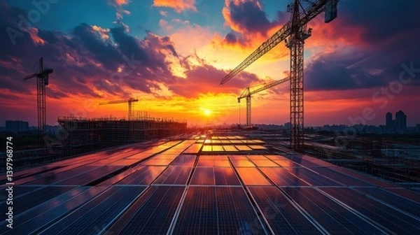Obraz Construction Site Sunset Solar Panels Reflecting Vibrant Colors