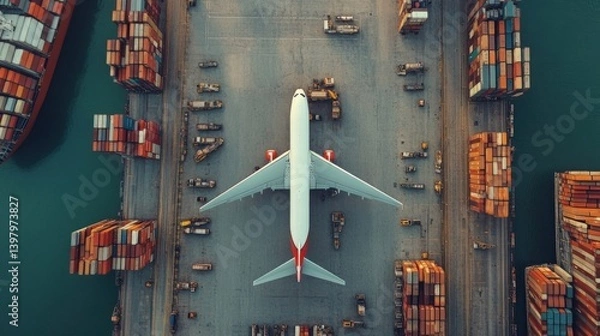Obraz Passenger Airplane at International Cargo Port Aerial View