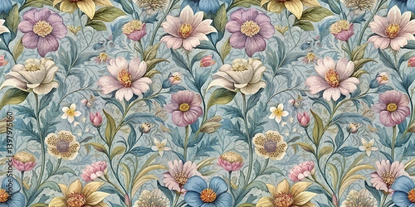 Obraz Elegant floral pattern featuring soft pastel flowers on a serene blue backdrop.