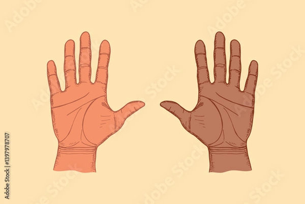 Obraz Open palms of hands sketch drawing illustration. Hand drawn vector line art clipart in engraving style, diversity, greeting, support, protect concept
