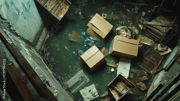 Obraz Disaster in the Basement: Flooded Storage Space with Burst Pipes and Floating Furniture