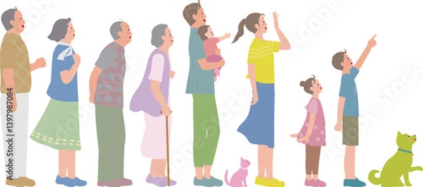 Obraz 三世代の家族。笑顔で上を見上げる夫婦、親子、ペットのイラスト。