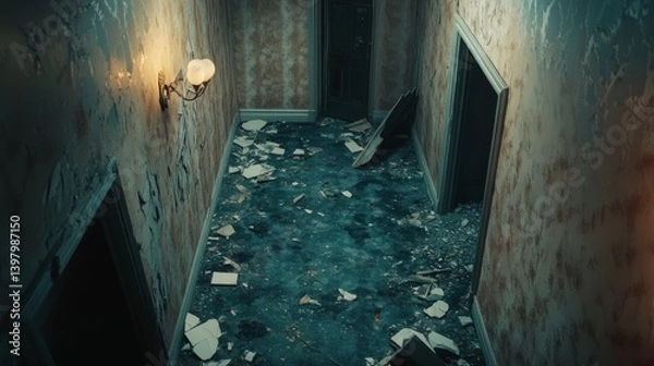 Obraz Desolate Abandoned Hallway with Cracks and Fallen Light Fixtures