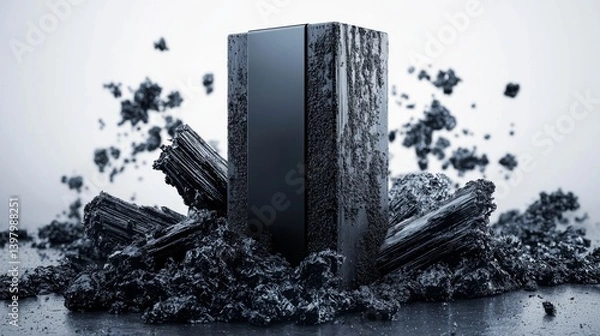 Fototapeta Abstract black structure surrounded by textured debris on a gray background