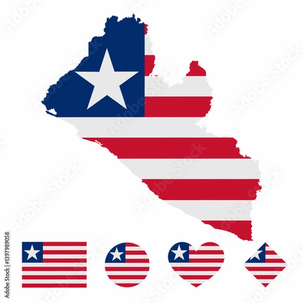 Fototapeta Vector of Liberia map flag with flag set isolated on white background. Collection of flag icons with square, circle, love, heart, and rectangle shapes.