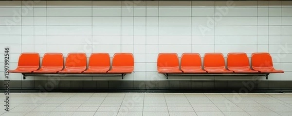 Fototapeta Modern waiting area with bright orange seats in a minimalist subway station setting.